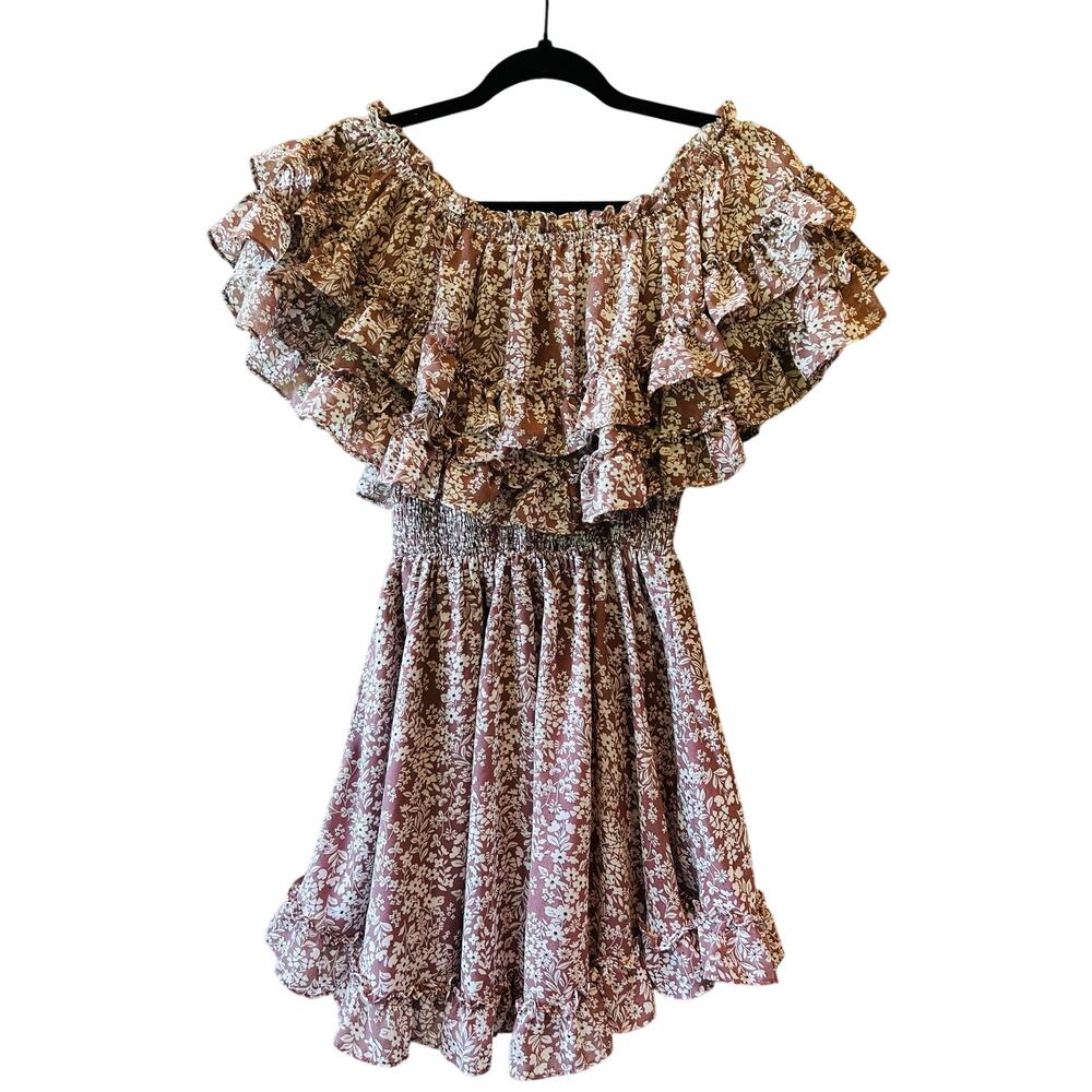 Hello Molly Floral Off Shoulder Mini Dress Ruffle Puff Sleeve Smocked XS Boho - Picture 3 of 9